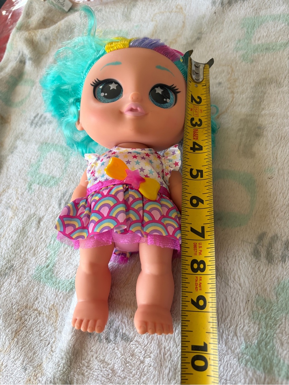 Rainbow Star-Print Baby Doll with Teal Hair